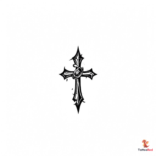 Stylized black-and-grey cross tattoo design with snake wrapped around it.