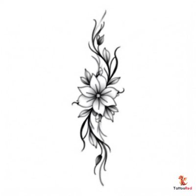 An intricate black and grey tattoo design of an open rose with delicate leaves and floral elements.