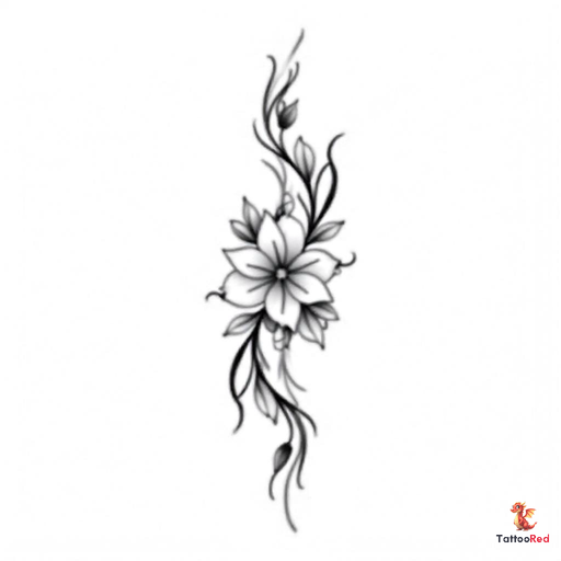 An intricate black and grey tattoo design of an open rose with delicate leaves and floral elements.