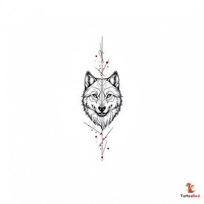 Geometric wolf tattoo design with red accents and intricate patterns.