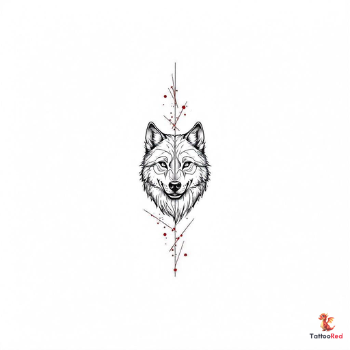 Geometric wolf tattoo design with red accents and intricate patterns.