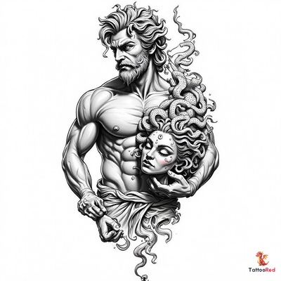 Realistic tattoo of Perseus holding Medusa's head, showcasing intense expressions and intricate detail.