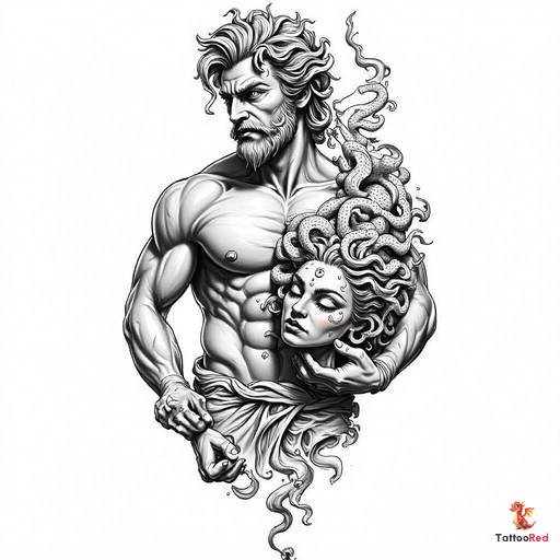 Realistic tattoo of Perseus holding Medusa's head, showcasing intense expressions and intricate detail.