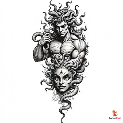 Realistic tattoo of Perseus holding Medusa's head in intricate detail.