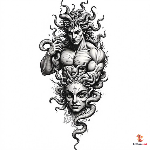 Realistic tattoo of Perseus holding Medusa's head in intricate detail.