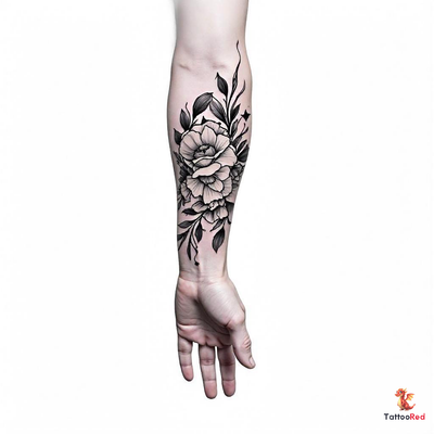 Photorealistic tattoo of Anubis with black fur holding a skull, pyramids in the background.