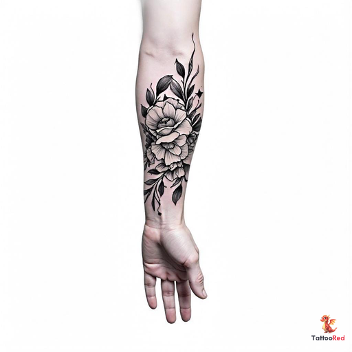 Photorealistic tattoo of Anubis with black fur holding a skull, pyramids in the background.