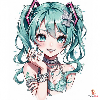Realistic tattoo of Hatsune Miku with diamond jewelry and grill teeth.