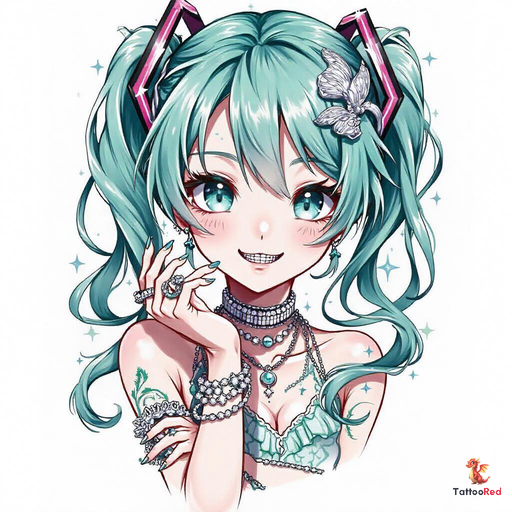 Realistic tattoo of Hatsune Miku with diamond jewelry and grill teeth.