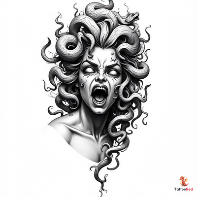 Photorealistic tattoo of Medusa's head with snakes for hair and intense expression.