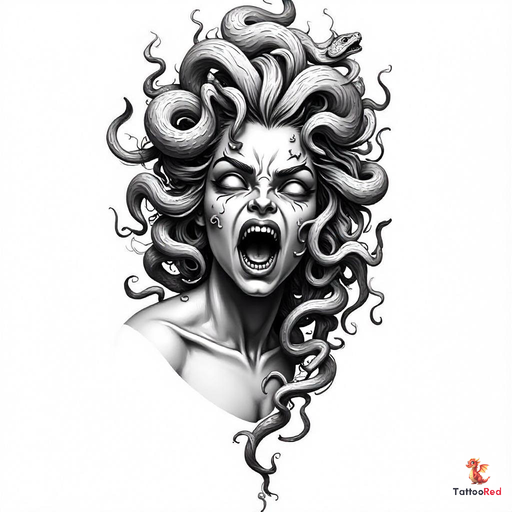 Photorealistic tattoo of Medusa's head with snakes for hair and intense expression.