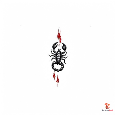 Neo-traditional scorpion tattoo design with black and red elements.