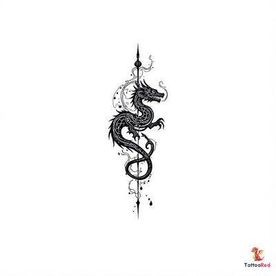 Intricate black-and-grey dragon tattoo with medieval patterns.