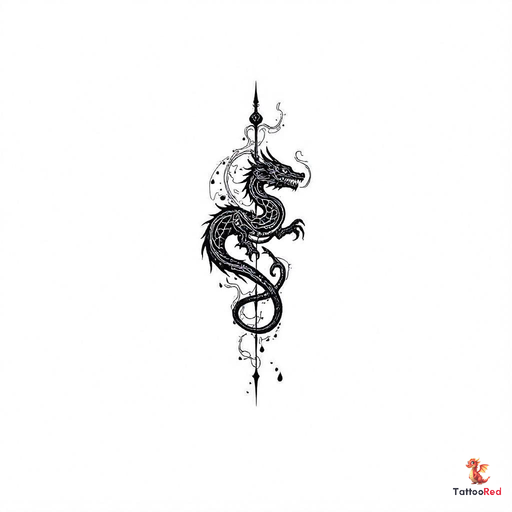 Intricate black-and-grey dragon tattoo with medieval patterns.