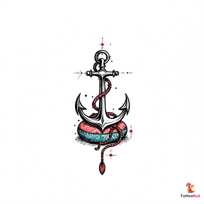 Traditional anchor tattoo resting on a decorative patterned cushion with vibrant colors.