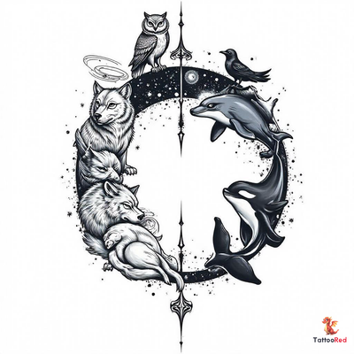 Black and grey tattoo featuring a circle of animals including an owl, crow, wolves, and whales.