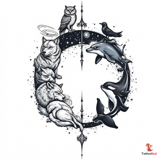 Black and grey tattoo featuring a circle of animals including an owl, crow, wolves, and whales.