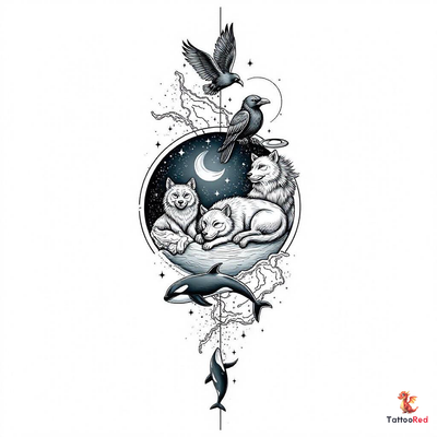 Black and grey tattoo featuring a circle with the universe, owls, wolves, and whales.