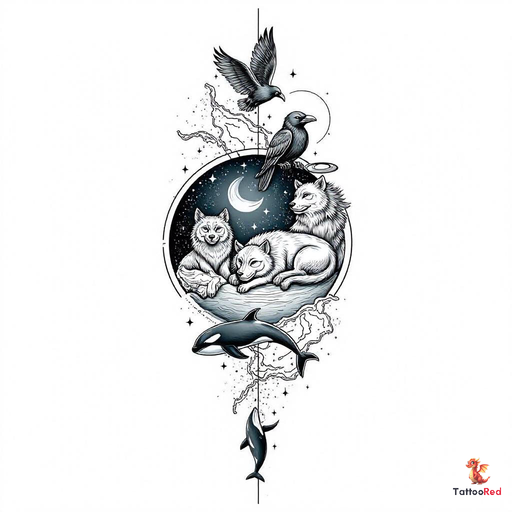 Black and grey tattoo featuring a circle with the universe, owls, wolves, and whales.