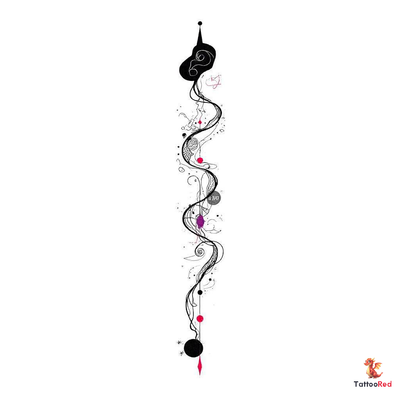 Blackwork tattoo design representing a life journey with subtle color accents.