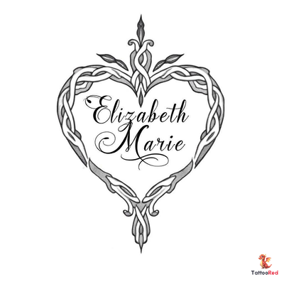 Celtic heart tattoo with intricate knot patterns and name Elizabeth Marie in elegant script.