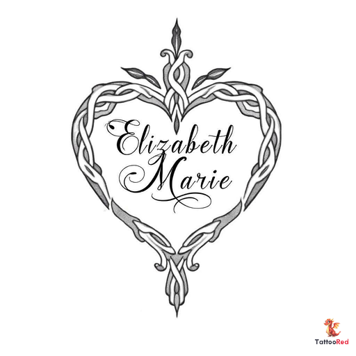Celtic heart tattoo with intricate knot patterns, featuring the name "Elizabeth Marie" in elegant sc
