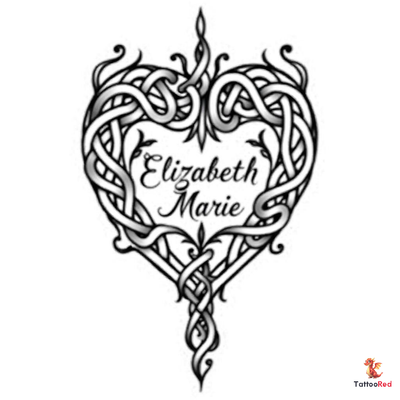 Celtic heart tattoo with intricate knot patterns and name Elizabeth Marie in elegant script.