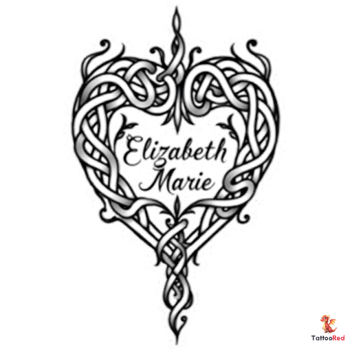 Celtic heart tattoo with intricate knot patterns and name Elizabeth Marie in elegant script.