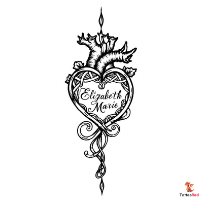 Celtic heart tattoo with name Elizabeth Marie in script font