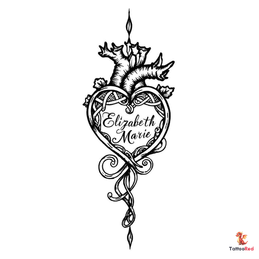 Celtic heart tattoo with name Elizabeth Marie in script font