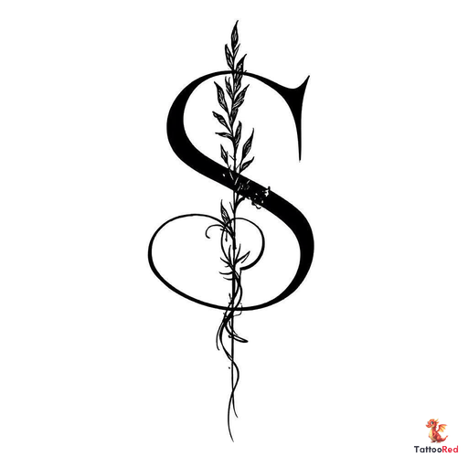 Vintage tattoo design featuring an elegant letter S with floral elements.