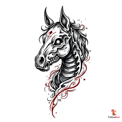 Hyper-detailed Bakotsu Knight tattoo design featuring a skeletal horse skull and glowing eye.