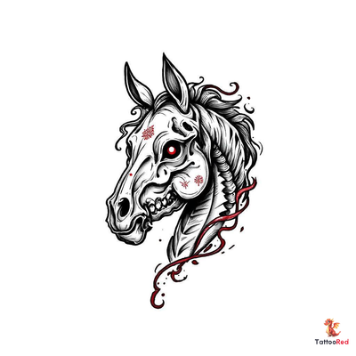 Hyper-detailed tattoo design of Bakotsu Knight with skeletal horse skull and glowing eye.