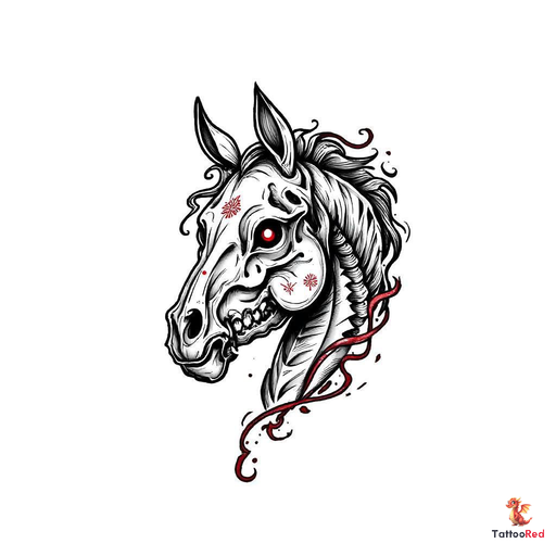 Hyper-detailed tattoo design of Bakotsu Knight with skeletal horse skull and glowing eye.