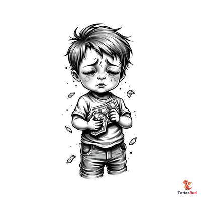 Realistic black and grey tattoo of a crying boy holding money with detailed shading.