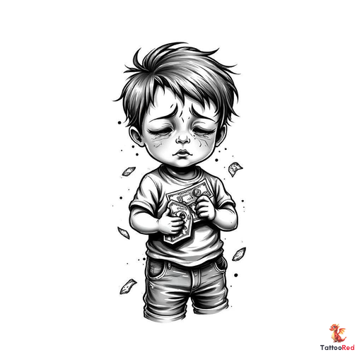 Realistic black and grey tattoo of a crying boy holding money with detailed shading.