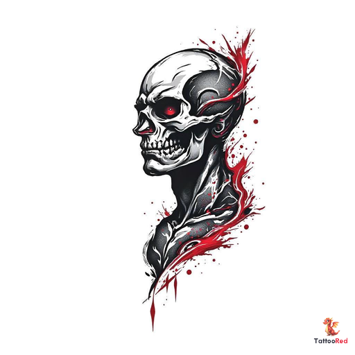 Photorealistic tattoo of Medusa's head surrounded by skulls.