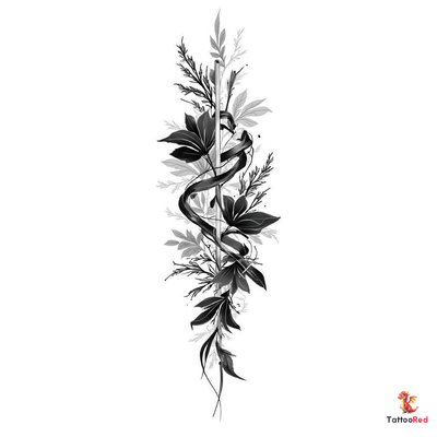 Black-and-grey tattoo of Medusa's head surrounded by skulls.