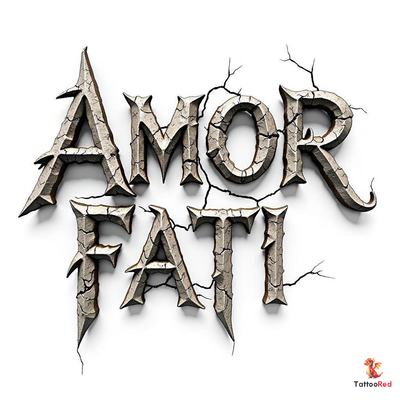 Realistic 3D stone letters tattoo of 'Amor Fati' with cracks and weathered texture.