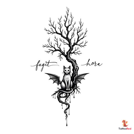 Gothic-style tattoo of a cat with bat wings in front of a tree.