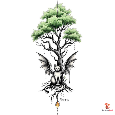 Gothic cat tattoo with bat wings and a family tree design.