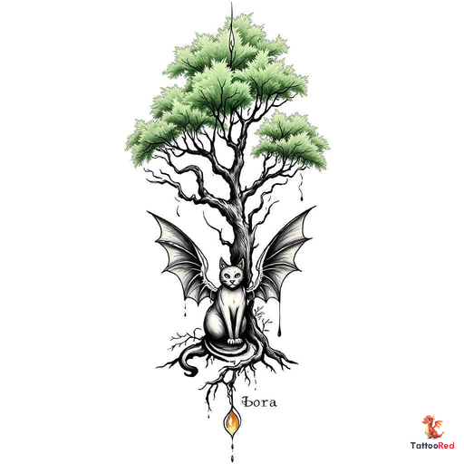 Gothic cat tattoo with bat wings and a family tree design.