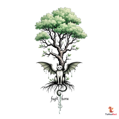 A gothic tattoo design featuring a cat with bat wings in front of a tree, with the phrase 'fugit hora' below.