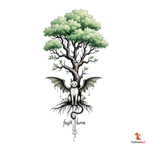 A gothic tattoo design featuring a cat with bat wings in front of a tree, with the phrase 'fugit hora' below.