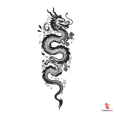 Black and grey dragon tattoo with intricate scales and fierce expression.