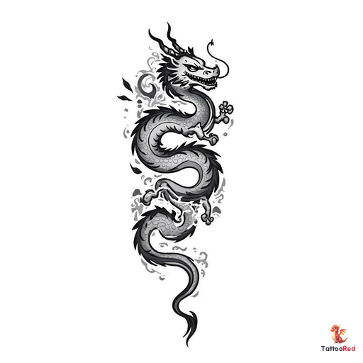 black and grey American traditional dragon with Eastern influences, bold outlines, intricate scales,