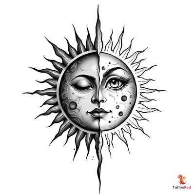 Intricate realistic tattoo design of a sun and moon merged together.