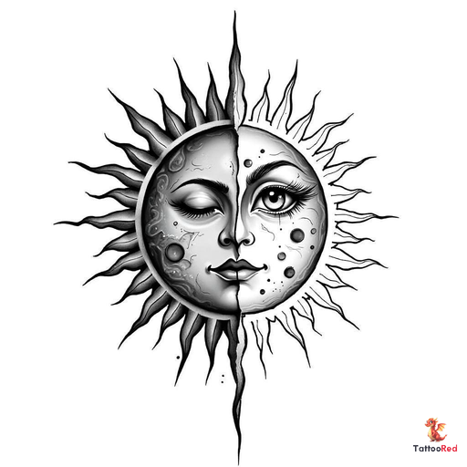 realistic sun and moon tattoo, highly detailed with lifelike elements, showcasing balance of light a