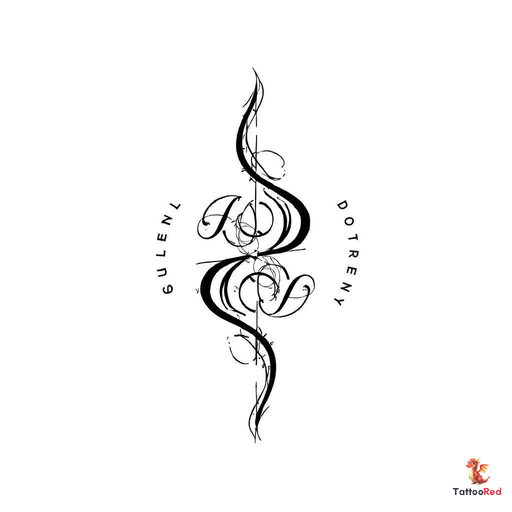 symmetrical ambigram logo reading "DYLAN" and "JOURNEY" when rotated 180 degrees, bold black line ar