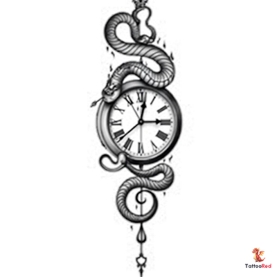 Black and grey tattoo design featuring a clock, snake, and infinity symbol.